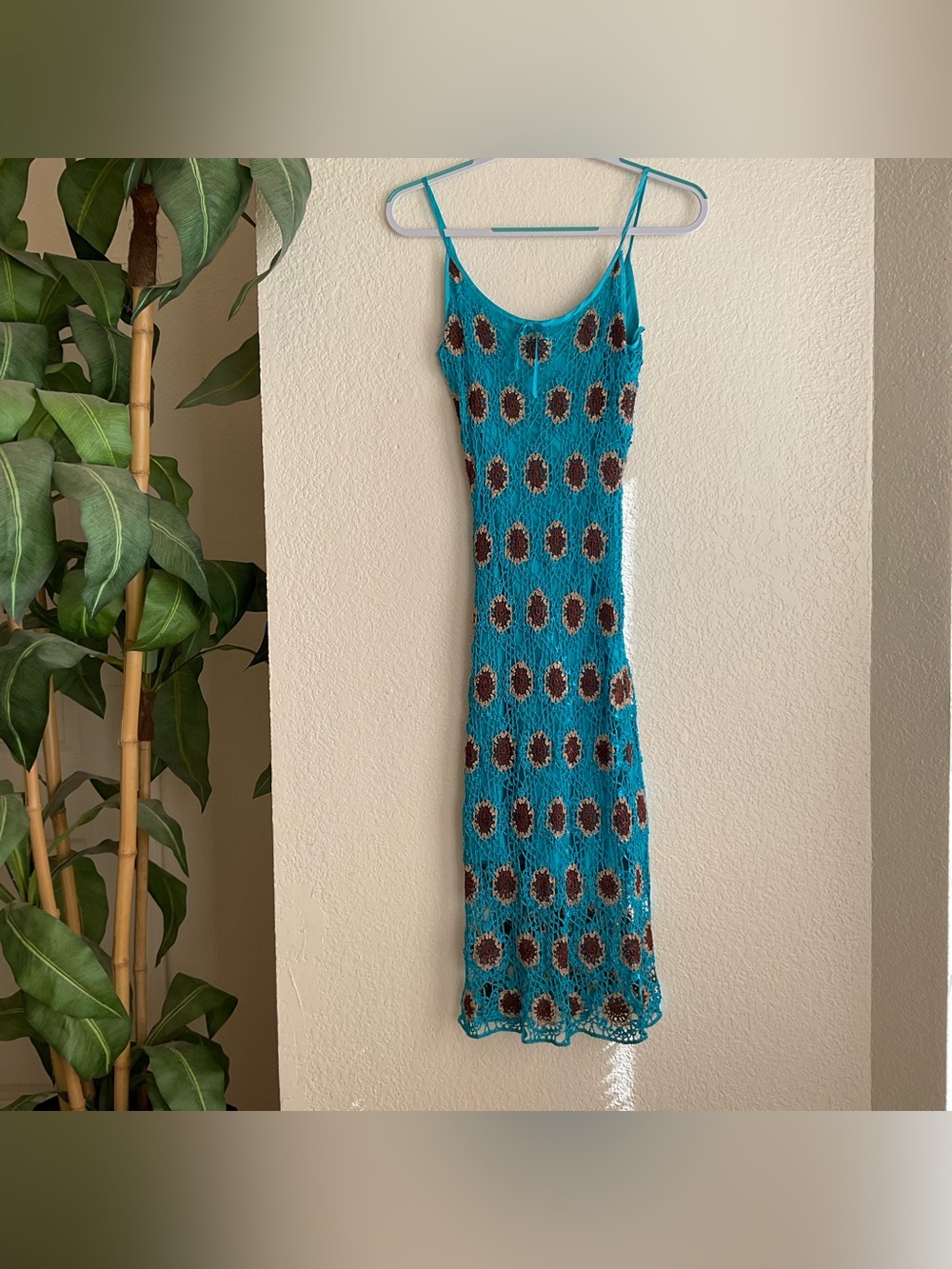 Sue Wong Turquoise Crochet  Dress with Brown Accents sunflowers
